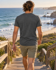 Back view of a man wearing the plain Dark Heather Gildan 64000 Malibu T-shirt