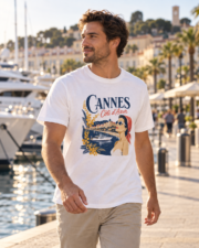 Man wearing the white Cannes Côte d’Azur Comfort Colors 1717 tee at Cannes marina