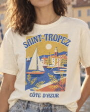 Close-up of the Saint-Tropez Côte d'Azur print on an ivory Comfort Colors 1717 tee