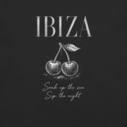 Black Comfort Colors T-shirt with Ibiza lettering, cherry illustration, and white script
