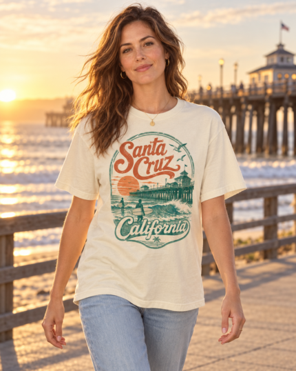 Woman walking near the Santa Cruz pier in an ivory vintage surf T-shirt
