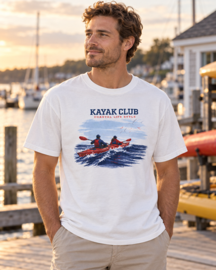Man wearing the white Kayak Club coastal T-shirt at a marina.