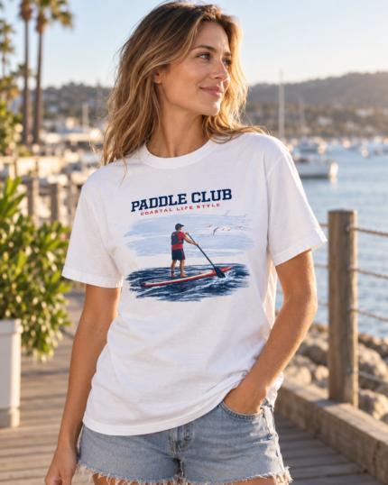 Woman wearing the white Paddle Club coastal T-shirt in a three-quarter view at a marina.