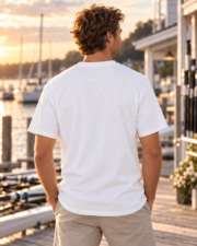 Back view of a man wearing the white Rowing Club Coastal Tee at a marina
