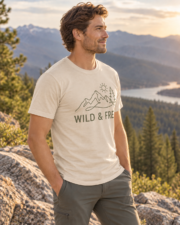 Man wearing the natural Wild & Free Mountain Tee in a three-quarter view