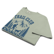 Front product mockup of the Bay Trail Club tee showing the navy mountain, hiker and dog graphic.