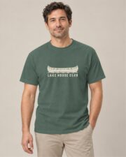 Man wearing the Blue Spruce Lake House Club Canoe T-shirt, front view, studio