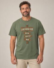 Man wearing the Moss Lake House Club Signpost T-shirt, front view, studio