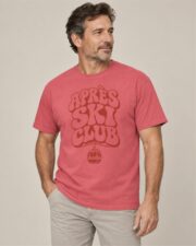 Man wearing the Watermelon Après Ski Club Retro T-shirt, three-quarter view, studio