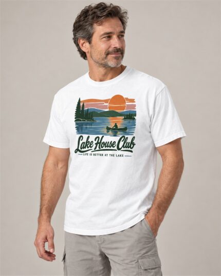 Man wearing the White Lake House Club Sunset T-shirt, three-quarter view, studio