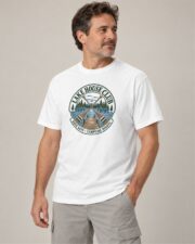 Man wearing the White Lake House Club Crest T-shirt, three-quarter view, studio