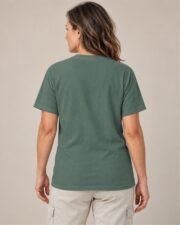 Back view of the plain Blue Spruce T-shirt on a woman, Lake House Club Canoe