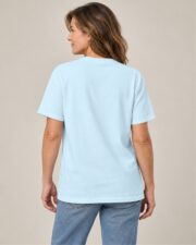 Back view of the plain Chambray T-shirt on a woman, Lake House Club Crest
