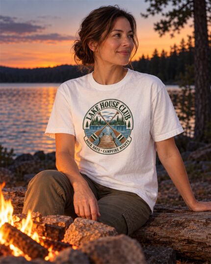 Woman in the White Lake House Club Crest T-shirt by a lakeside campfire at dusk