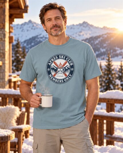 Man wearing the Ice Blue Après Ski Club Crest T-shirt on a snowy lodge terrace at golden hour
