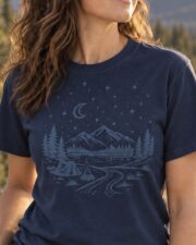 Close-up of the tonal mountain campsite design on the True Navy Midnight Mountain Camp Tee
