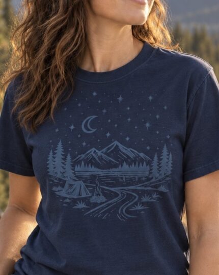 Close-up of the tonal mountain campsite design on the True Navy Midnight Mountain Camp Tee