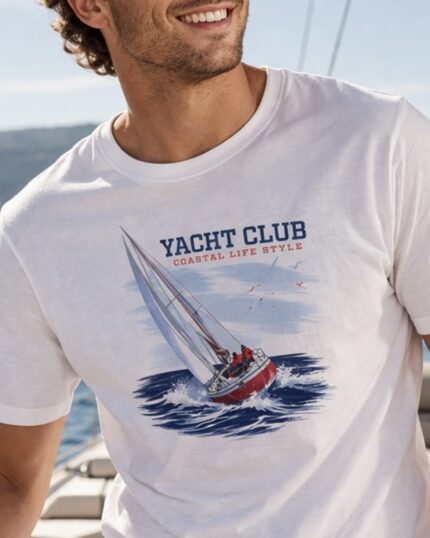 Close-up of a man wearing the white Yacht Club coastal T-shirt aboard a sailboat.