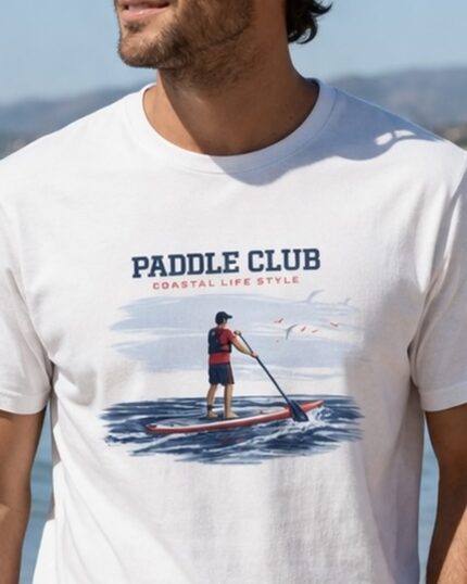 Close-up of a man wearing the white Paddle Club coastal T-shirt by the sea.
