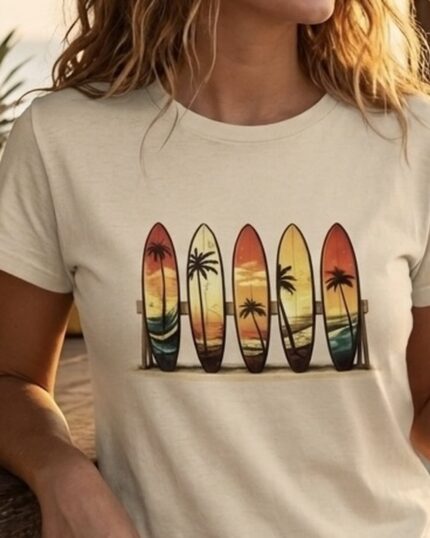 Close-up of a cream Retro Surf Rack T-shirt with five colorful surfboards and palm tree artwork.