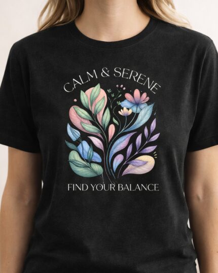 Calm & Serene botanical T-shirt with pastel floral artwork.