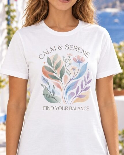 Close-up of a woman wearing a white Calm & Serene t-shirt with a pastel watercolor botanical graphic and the words Find Your Balance, on a sunny Mediterranean terrace