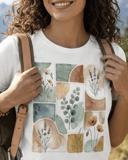 Close-up of woman wearing the Wildflower Watercolor Tee outdoors