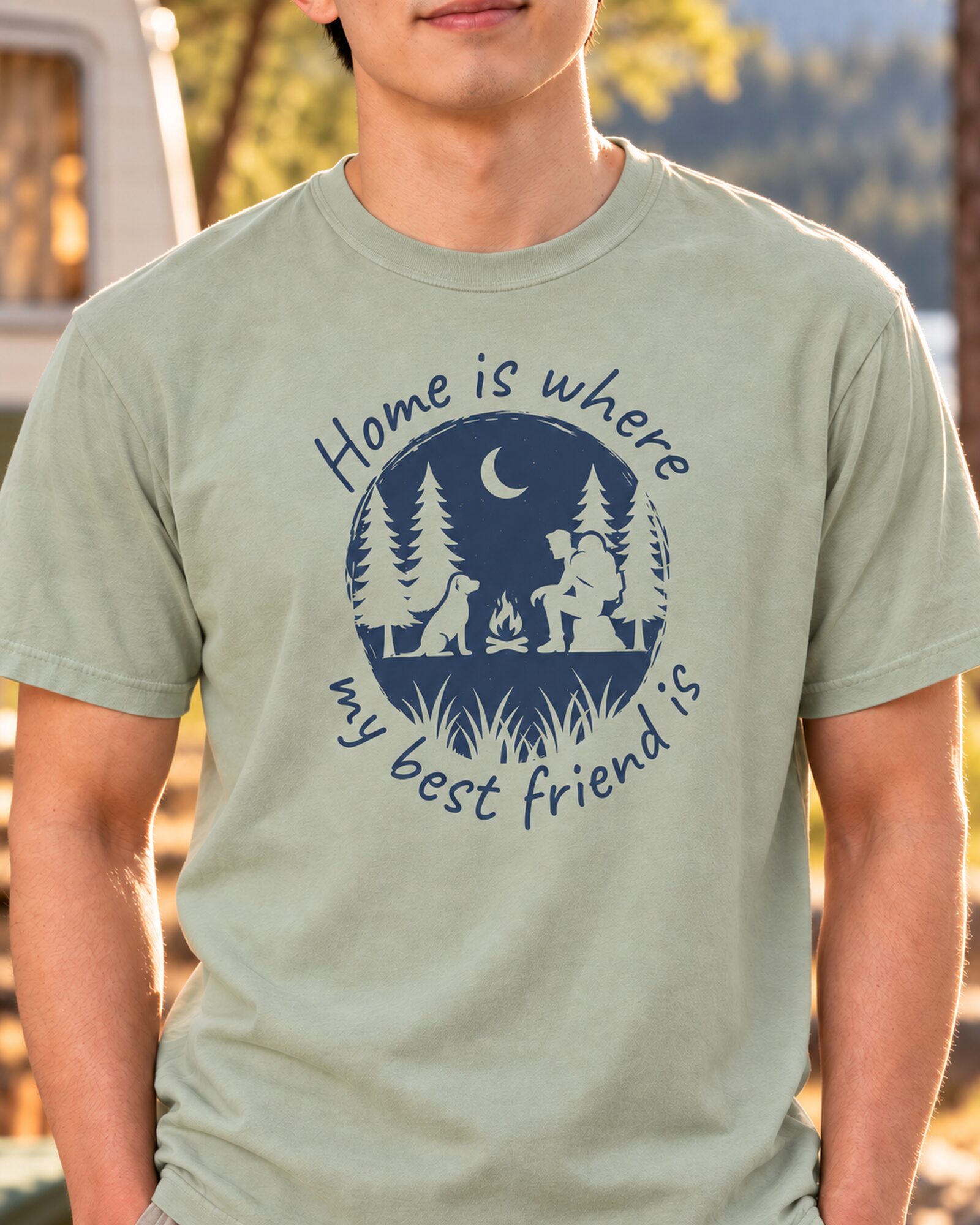 Camping dog tee in Bay – close-up of front graphic Close-up of the camping dog graphic on a Bay Comfort Colors T-shirt