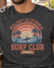 Close-up of the vintage Malibu Surf Club graphic on a Dark Heather T-shirt