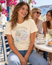 Woman laughing with friends at a seaside café, wearing a Heather Natural Calm & Serene t-shirt with a pastel watercolor botanical graphic