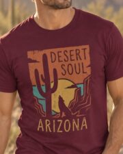 Close-up of the Arizona Desert Soul graphic on a maroon t-shirt