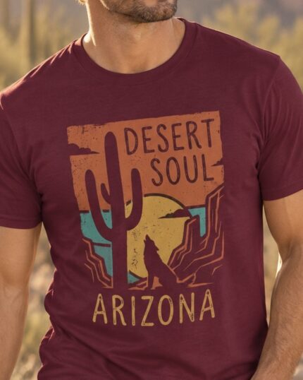 Close-up of the Arizona Desert Soul graphic on a maroon t-shirt