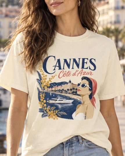 Cannes Côte d’Azur Tee in ivory in a French Riviera lifestyle setting