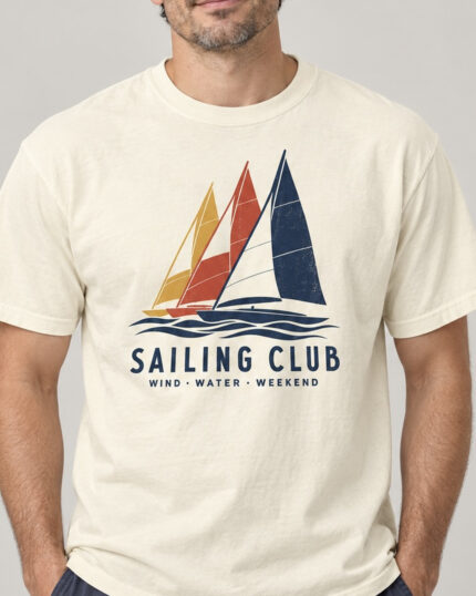 Man wearing the Ivory Sailing Club Regatta T-shirt, front view, studio