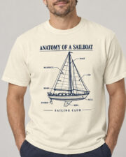 Man wearing the Ivory Anatomy of a Sailboat T-shirt, front view, studio