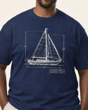 Man wearing the True Navy Sailing Club Sail Plan blueprint T-shirt, front view, studio