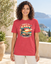 Woman wearing the Heather Red Take it Easy T-Shirt, showing the full front print and straight fit.