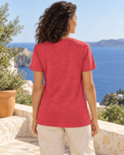Back view of a woman wearing the Take it Easy T-Shirt, showing its plain Heather Red back and straight hem.