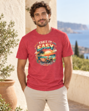 Man wearing the Heather Red Take it Easy T-Shirt, showing the front print and regular fit.