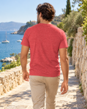 Back view of a man wearing the Take it Easy T-Shirt, showing its plain Heather Red back.