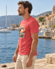 Side view of a man wearing the Heather Red Take it Easy T-Shirt beside the sea.