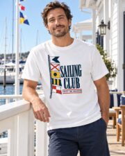 Man in the Sailing Club Signal Flags T-shirt leaning on a yacht club railing