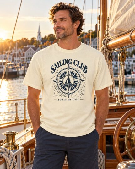 Man wearing the Sailing Club Compass Rose T-shirt aboard a classic wooden sailboat