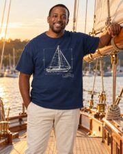 Man wearing the Sail Plan blueprint T-shirt on a yacht deck at golden hour