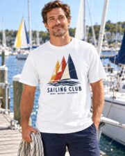 Man wearing the White Sailing Club Regatta T-shirt on a marina dock