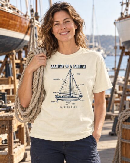Woman wearing the Anatomy of a Sailboat T-shirt in a boatyard with a coil of rope