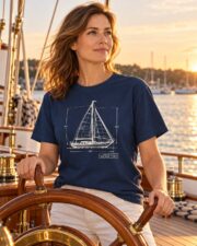 Woman in the Sail Plan blueprint T-shirt at the wheel of a classic yacht