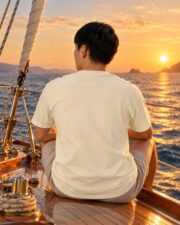 Back view of the Ivory Compass Rose T-shirt on a man sitting on a sailboat at sunset