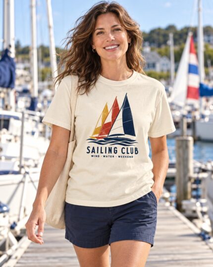 Woman wearing the Ivory Sailing Club Regatta T-shirt at a sunny sailing marina