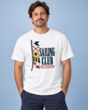 Man wearing the White Sailing Club Signal Flags T-shirt, studio portrait